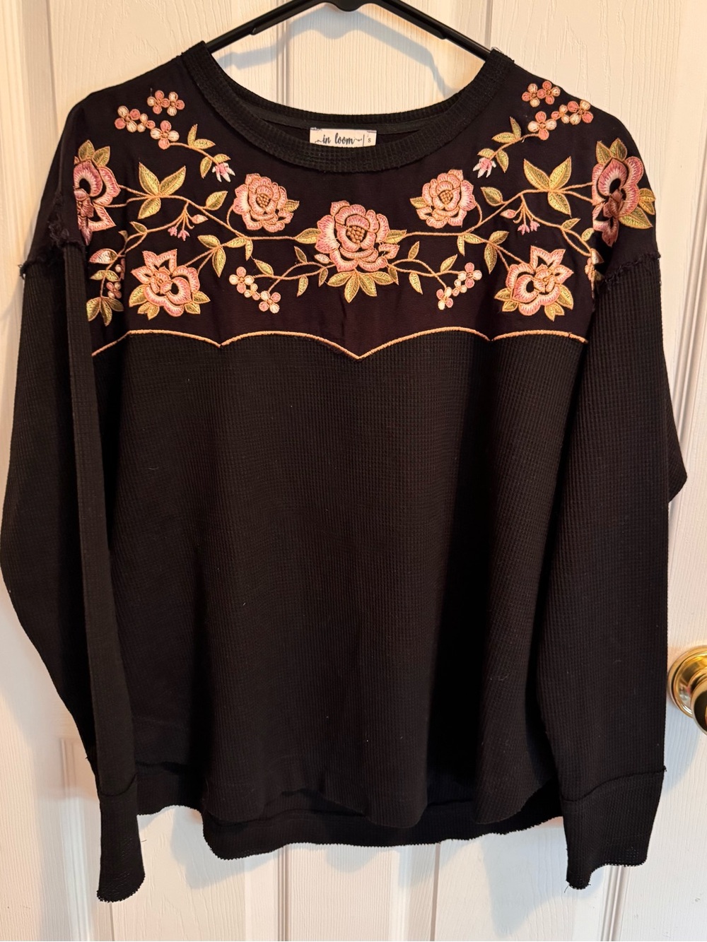 In Bloom Black Crewneck Sweatshirt with Pink and Gold Floral Embroidery